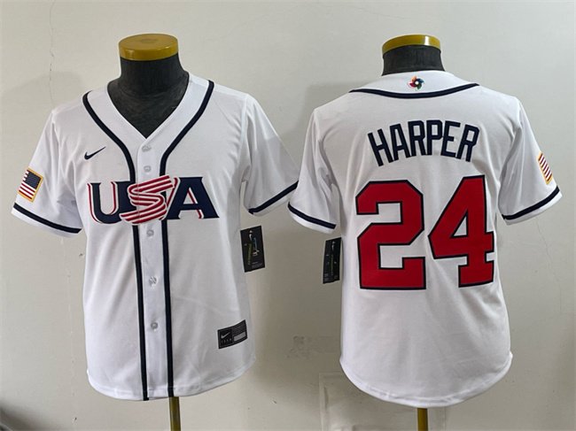 Youth USA Baseball #24 Bryce Harper White 2026 World Baseball Classic Home Stadium Stitched Baseball Jersey
