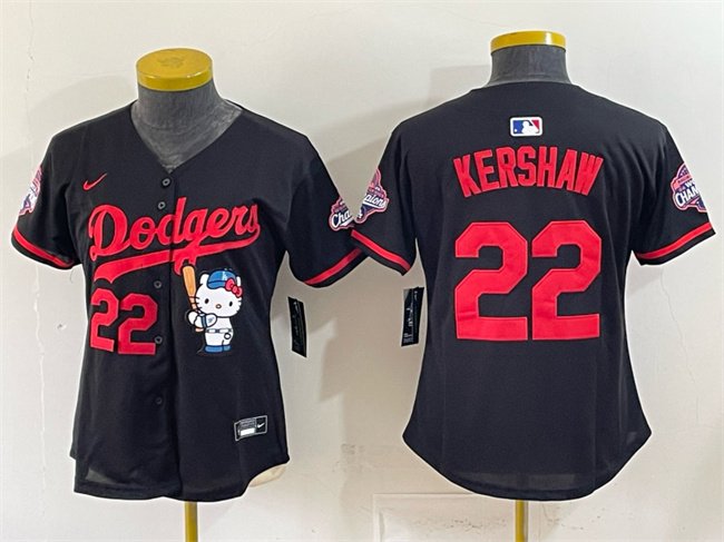 Women's Los Angeles Dodgers #22 Clayton Kershaw Black Hello Kitty Night 2025 World Series Champions Patch Stitched Baseball Jersey(Run Small)