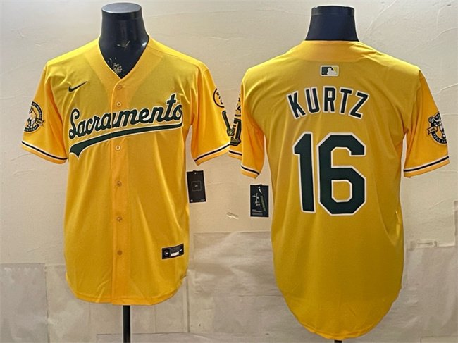 Men's Oakland Athletics #16 Nick Kurtz 2026 Yellow Alternate Sacramento Celebrating 125 Years Vapor Limited Stitched Baseball Jersey