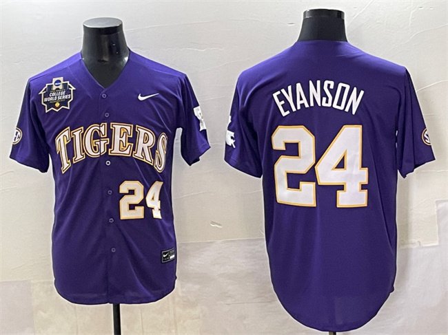 Men's LSU Tigers #24 Anthony Eyanson Purple 2025 World Series & SEC Patch Stitched Baseball Jersey