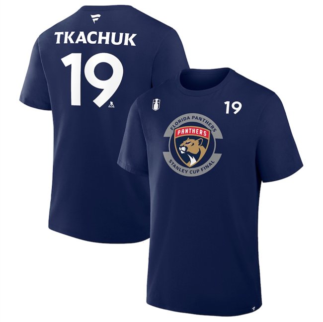 Men's Florida Panthers #19 Matthew Tkachuk Navy 2025 Stanley Cup Final Pro Name & Number T-Shirt