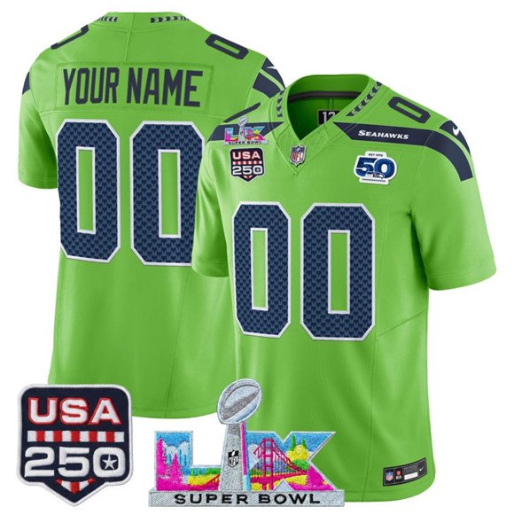 Men's Seattle Seahawks Active Player Custom Green 2025 F.U.S.E. Super Bowl LX & US 250th anniversary Patch And 50th Season Patch Vapor Limited Football Stitched Jersey