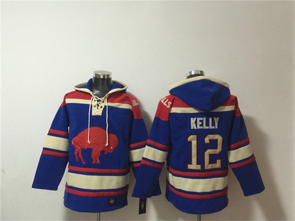 Men's Buffalo Bills #12 Jim Kelly Royal Ageless Must-Have Lace-Up Pullover Hoodie