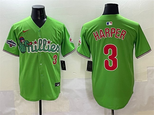 Men's Philadelphia Phillies #3 Bryce Harper Light Green Phanatic With 2024 Division Champions Patch Limited Stitched Jersey