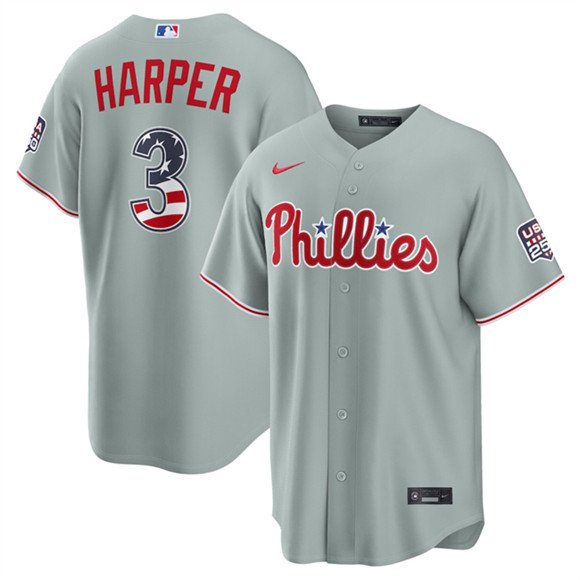 Men's Philadelphia Phillies #3 Bryce Harper Gray USA 250 Fourth of July Home Stitched Baseball Jersey