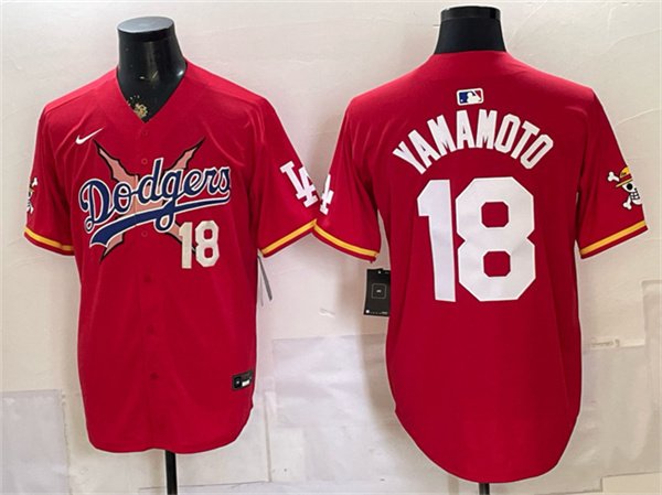 Men's Los Angeles Dodgers x One Piece #18 Yoshinobu Yamamoto Red Vapor Premier Limited Stitched Baseball Jersey