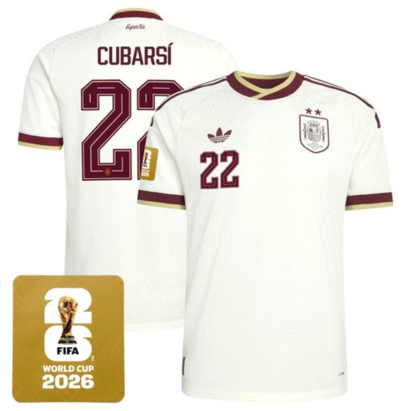 Men's Spain Team #22 Pau Cubarsí White 2026 World Cup Away Soccer Jersey