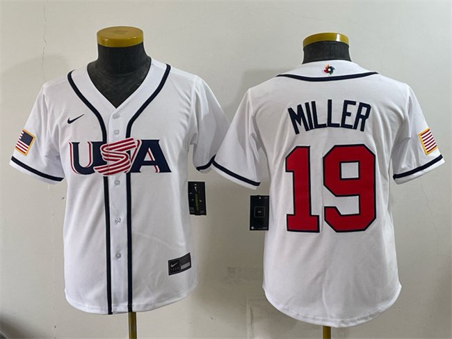 Youth USA Baseball #19 Mason Miller White 2026 World Baseball Classic Home Stadium Stitched Baseball Jersey