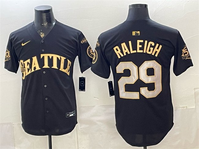 Men's Seattle Mariners #29 Cal Raleigh Black Gold 50th Anniversary & AL West Division Champions Patch Vapor Limited Stitched Baseball Jersey