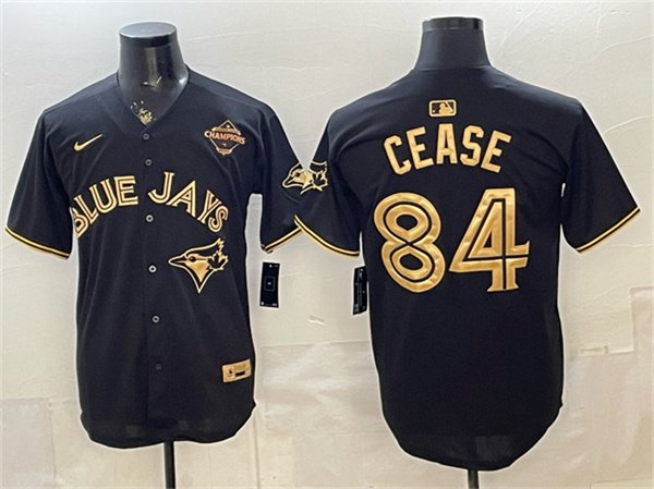 Men's Toronto Blue Jays #84 Dylan Cease Black Gold 2025 American League Champions Limited Stitched Baseball Jersey