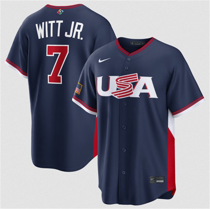 Men's USA Baseball #7 Bobby Witt Jr. Navy 2026 World Baseball Classic Road Stadium Stitched Jersey