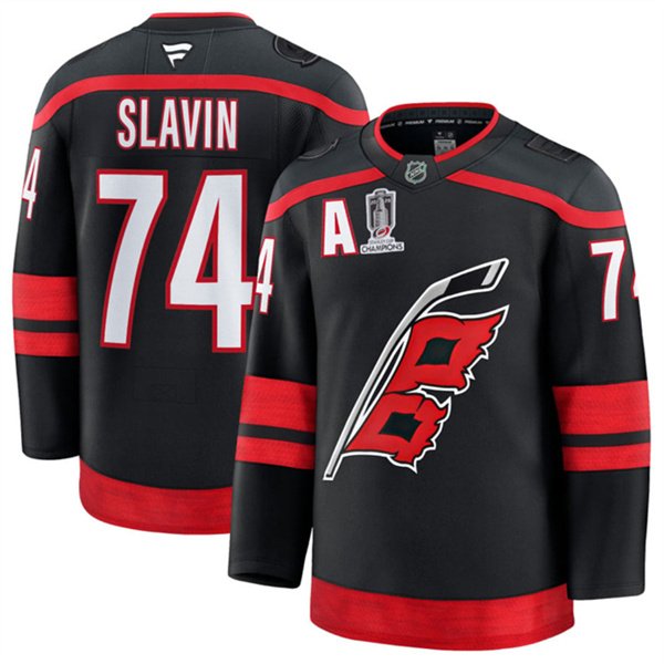 Men's Carolina Hurricanes #74 Jaccob Slavin Black 2026 Stanley Cup Champions And A Patch Home Stitched Hockey Jersey