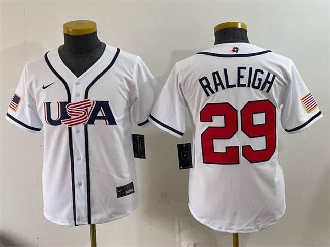 Youth USA Baseball #29 Cal Raleigh White 2026 World Baseball Classic Home Stadium Stitched Baseball Jersey