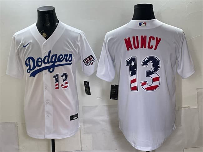 Men's Los Angeles Dodgers #13 Max Muncy White USA 250 Fourth of July Home Stitched Baseball Jersey