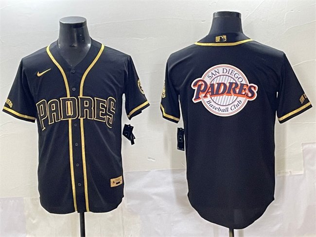 Men's San Diego Padres Team Big Logo Black Gold Stitched Baseball Jersey