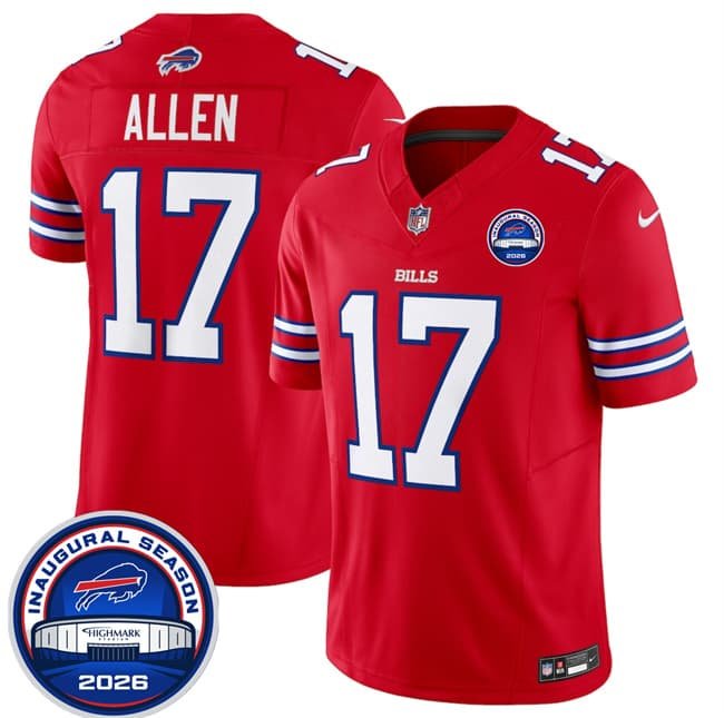 Men's Buffalo Bills #17 Josh Allen Red F.U.S.E. 2026 Inaugural Season at Highmark Stadium Football Stitched Jersey Men's Buffalo Bills #17 Josh Allen Red F.U.S.E. 2026 Inaugural Season at Highmark Stadium Football Stitched Jersey