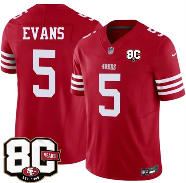 Men's San Francisco 49ers #5 Mike Evans Red 80th Anniversary Patch 2026 F.U.S.E. Vapor Untouchable Limited Football Stitched Jersey