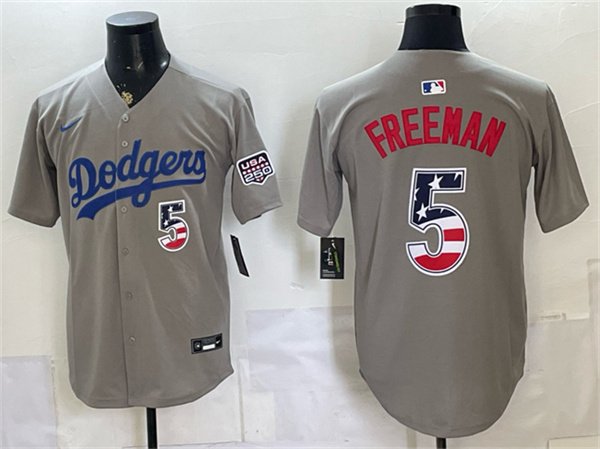 Men's Los Angeles Dodgers #5 Freddie Freeman Gray 250 Fourth of July Road Stitched Baseball Jersey