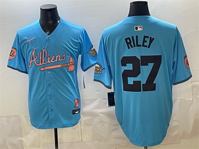 Men's Atlanta Braves #27 Austin Riley Blue 2024 Atliens & Peach With Outkast Patch Vapor Limited Stitched Baseball Jersey