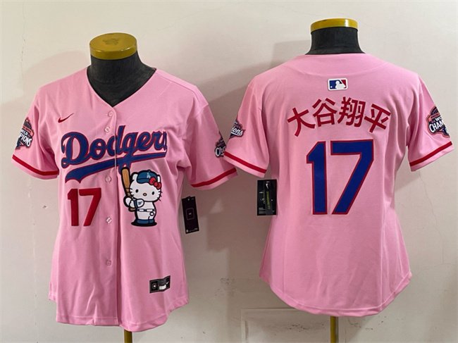 Women's Los Angeles Dodgers #17 大谷翔平 Pink Hello Kitty Night 2025 World Series Champions Patch Stitched Baseball Jersey(Run Small)