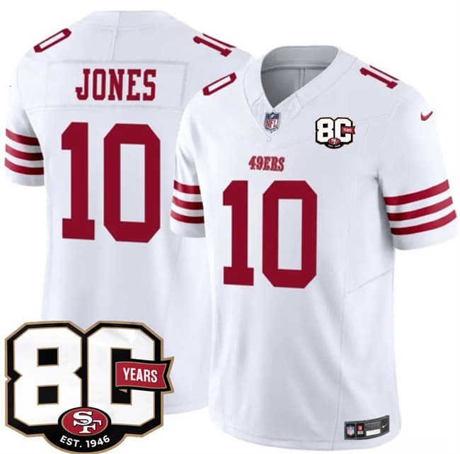 Men's San Francisco 49ers #10 Mac Jones White 80th Anniversary Patch 2026 F.U.S.E. Vapor Untouchable Limited Football Stitched Jersey