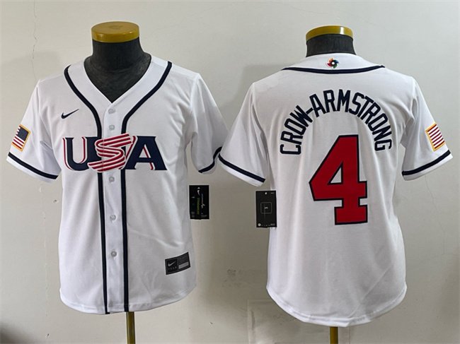 Youth USA Baseball #4 Pete Crow-Armstrong White 2026 World Baseball Classic Home Stadium Stitched Baseball Jersey