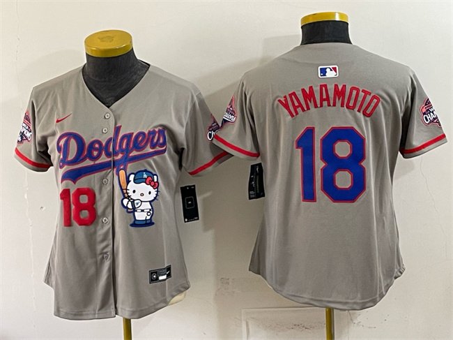 Women's Los Angeles Dodgers #18 Yoshinobu Yamamoto Grey Hello Kitty Night 2025 World Series Champions Patch Stitched Baseball Jersey(Run Small)