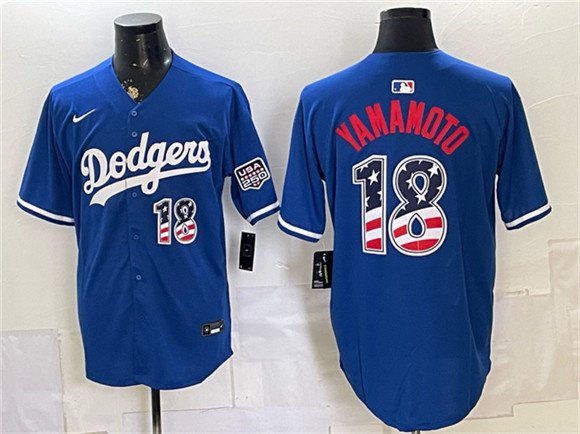 Men's Los Angeles Dodgers #18 Yoshinobu Yamamoto Blue USA 250 Fourth of July Stitched Baseball Jersey