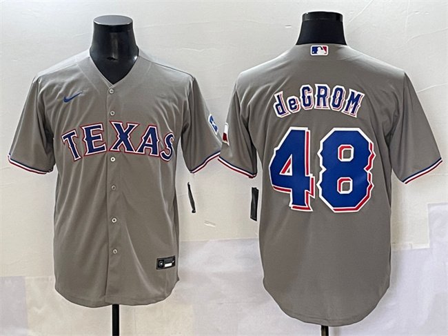 Men's Texas Rangers #48 Jacob deGrom Gray With Patch Cool Base Stitched Baseball Jersey