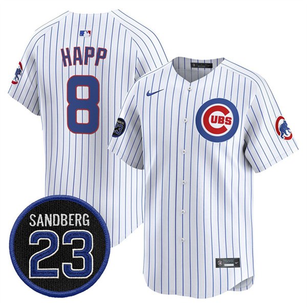 Men's Chicago Cubs #8 lan Happ White Pinstripe 'Ryne Sandberg Tribute' Vapor Limited V2 Stitched Baseball Jersey