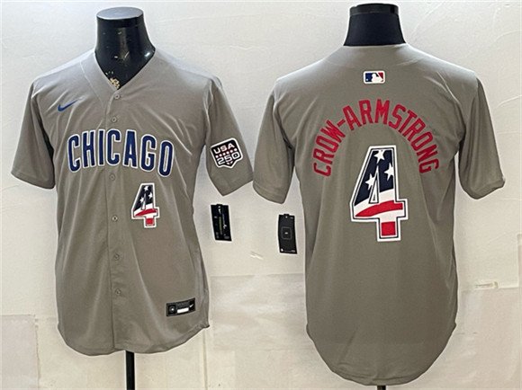 Men's Chicago Cubs #4 Pete Crow-Armstrong Gray 2026 USA 250 Fourth of July Stitched Baseball Jersey