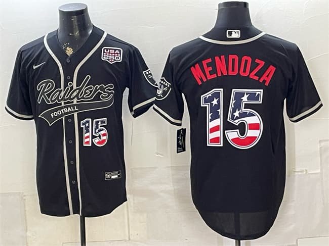 Men's Las Vegas Raiders #15 Fernando Mendoza Black USA 250 Fourth of July Vapor Limited Stitched Baseball Jersey