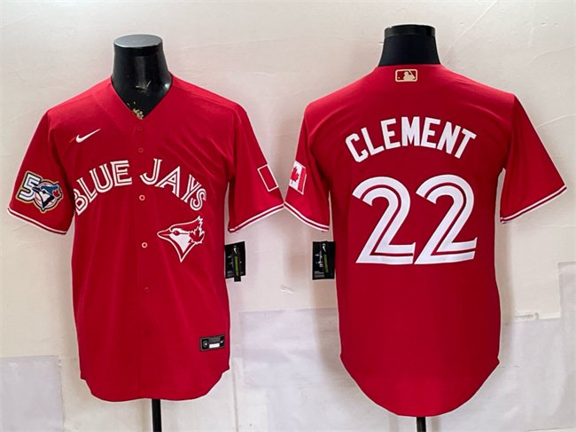 Men's Toronto Blue Jays #22 Ernie Clement Red 50 Seasons Patch Stitched Baseball Jersey