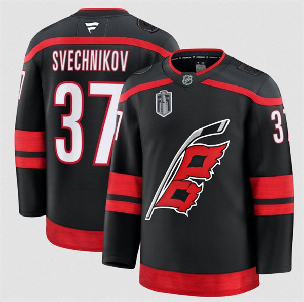 Men's Carolina Hurricanes #37 Andrei Svechnikov Black 2026 Stanley Cup Final Home Premium Hockey Stitched Jersey