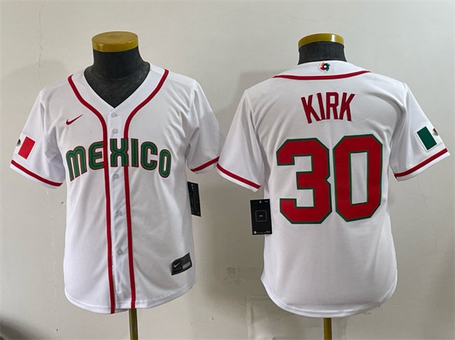 Youth Mexico Baseball #30 Alejandro Kirk White 2026 World Baseball Classic Home Stadium Stitched Baseball Jersey