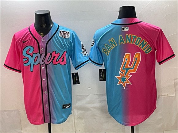 Men's San Antonio Spurs Team Big Logo Pink Blue USA 250' Patch Stitched Baseball Jersey