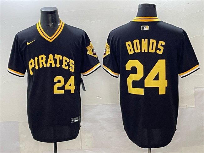 Men's Pittsburgh Pirates #24 Barry Bonds Black With Patch Cool Base Stitched Baseball Jersey