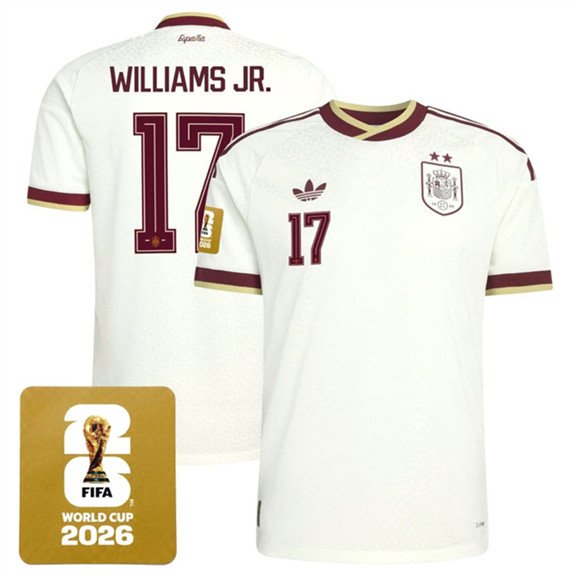 Men's Spain Team #17 Nico Williams JR. White 2026 World Cup Away Soccer Jersey