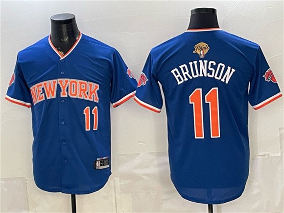 Men's New York Knicks #11 Jalen Brunson Blue 2026 Finals Patch Stitched Baseball Jersey