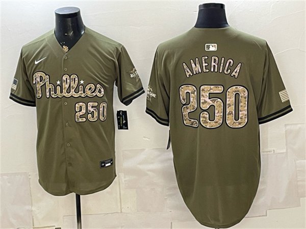 Men's Philadelphia Phillies #250 America Olive 2026 Armed Forces Day Stitched Baseball Jersey
