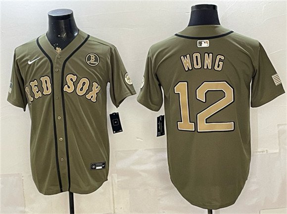 Men's Boston Red Sox #12 Connor Wong Olive Armed Forces Day Cool Base Stitched Baseball Jersey