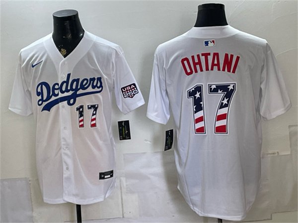 Men's Los Angeles Dodgers #17 Shohei Ohtani White 250 Fourth of July Home Stitched Baseball Jersey