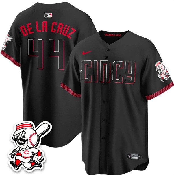 Men's Cincinnati Reds #44 Elly De La Cruz Black City Connect With Patch Limited Stitched Baseball Jersey