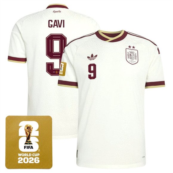 Men's Spain Team #9 Gavi White 2026 World Cup Away Soccer Jersey