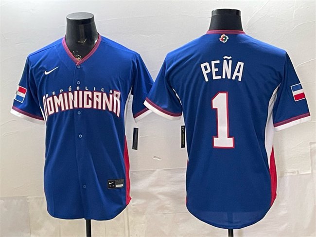 Men's Dominican Republic Baseball #1 Jeremy Pena Royal 2026 World Baseball Classic Road Stadium Stitched Jersey