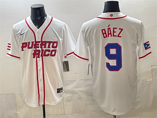 Men's Puerto Rico Baseball #9 Javier Báez White 2026 World Baseball Classic Home Stadium Stitched Jersey