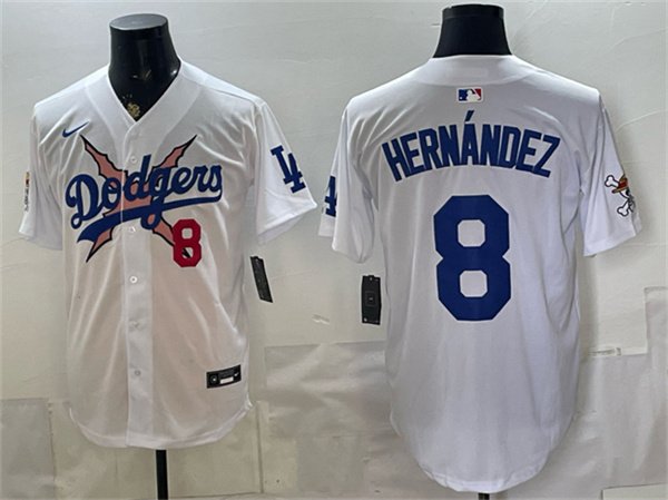 Men's Los Angeles Dodgers x One Piece #8 Enrique Hernández White Vapor Premier Limited Stitched Baseball Jersey