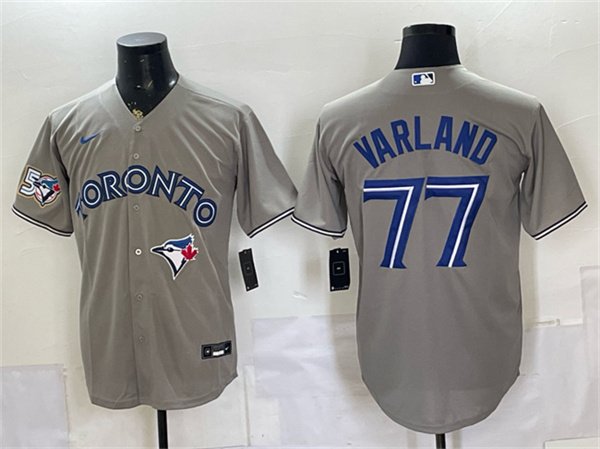 Men's Toronto Blue Jays #77 Louis Varland Gray 50 Seasons Patch Stitched Baseball Jersey