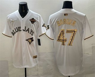Men's Toronto Blue Jays #47 Addison Barger White Gold 2025 American League Champions Limited Stitched Jersey
