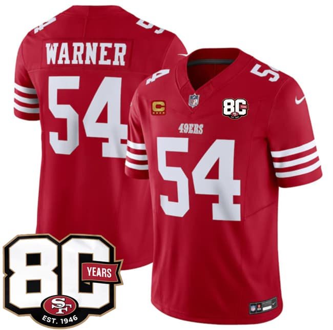 Men's San Francisco 49ers #54 Fred Warner Red 80th Anniversary Patch And 4-Star C Patch 2026 F.U.S.E. Vapor Untouchable Limited Football Stitched Jersey